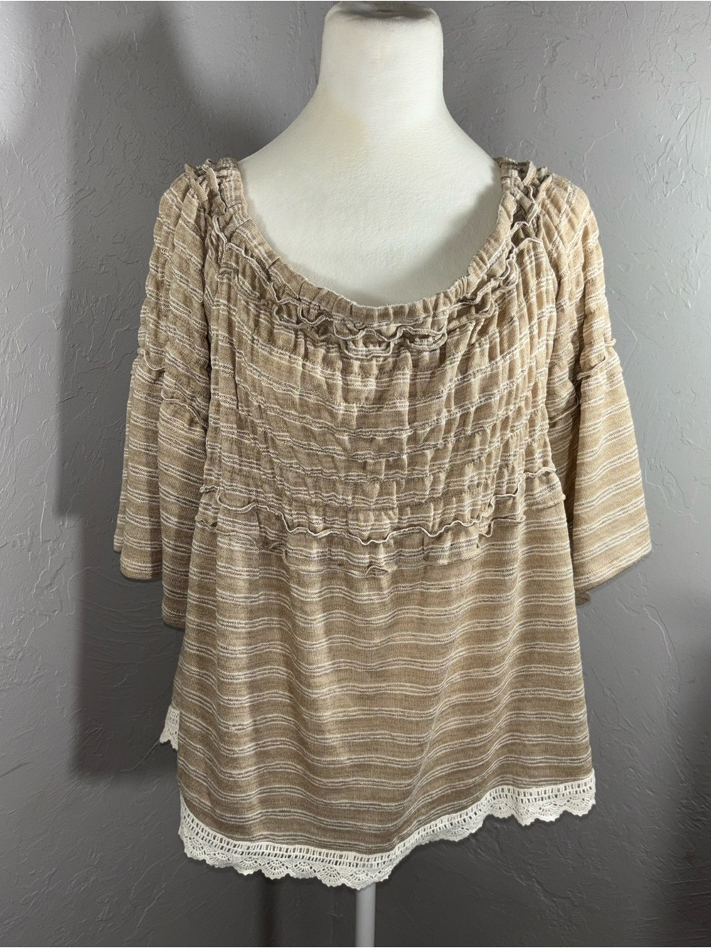 Maurices Beige Striped Smocked Peasant Blouse with Crochet Trim